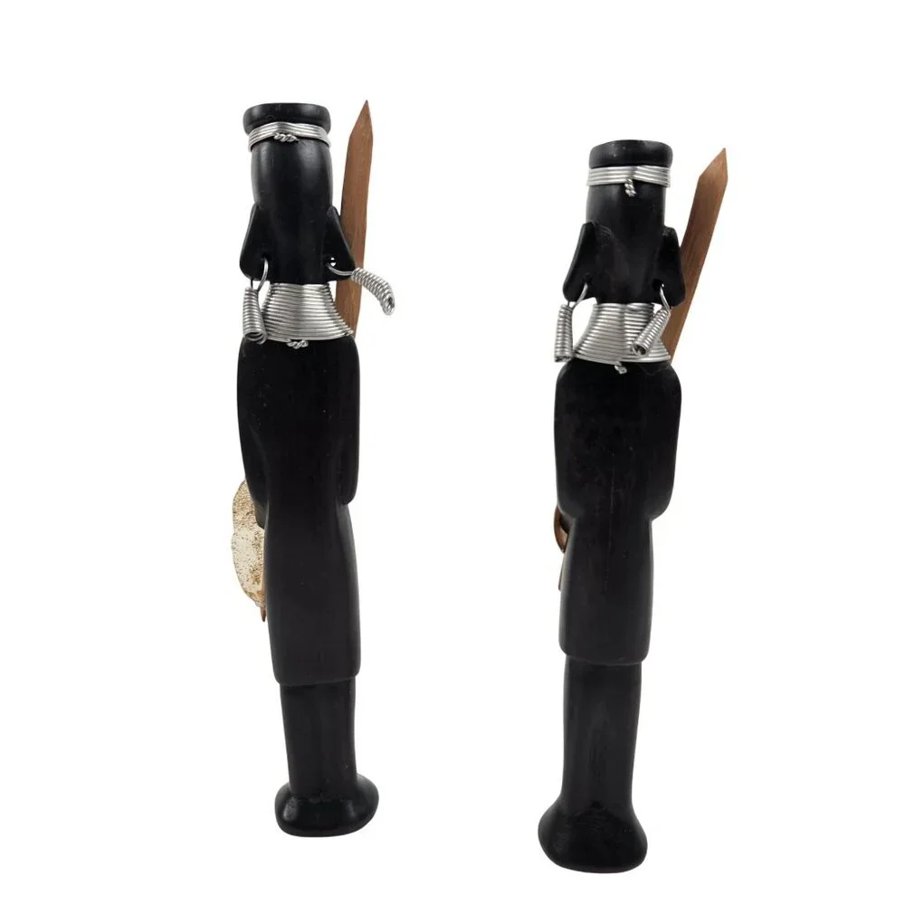 Vintage African Tribal Style Carved Figurine Pair Metal Neck Rings Spears - Picture 8 of 10